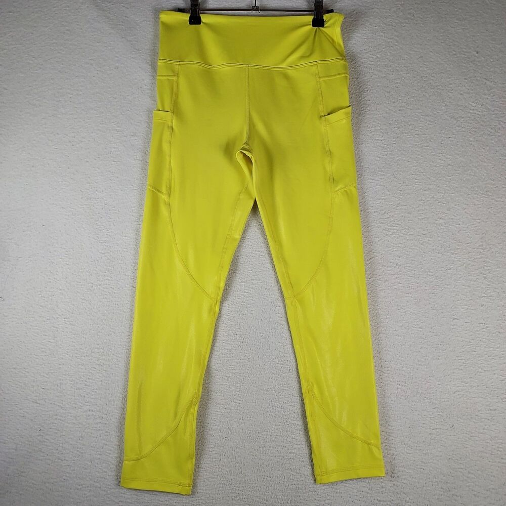 ZYIA Active Womens High Waist Leggings Neon Yellow Pockets Sz 8-10 Stretch